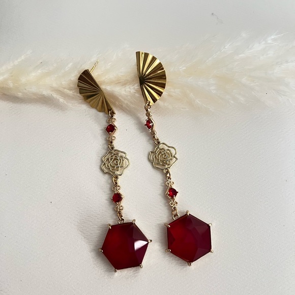 Elegant Art Deco-Inspired  Dangle Statement Earrings- Red & Roses Drop Earrings - Picture 8 of 14